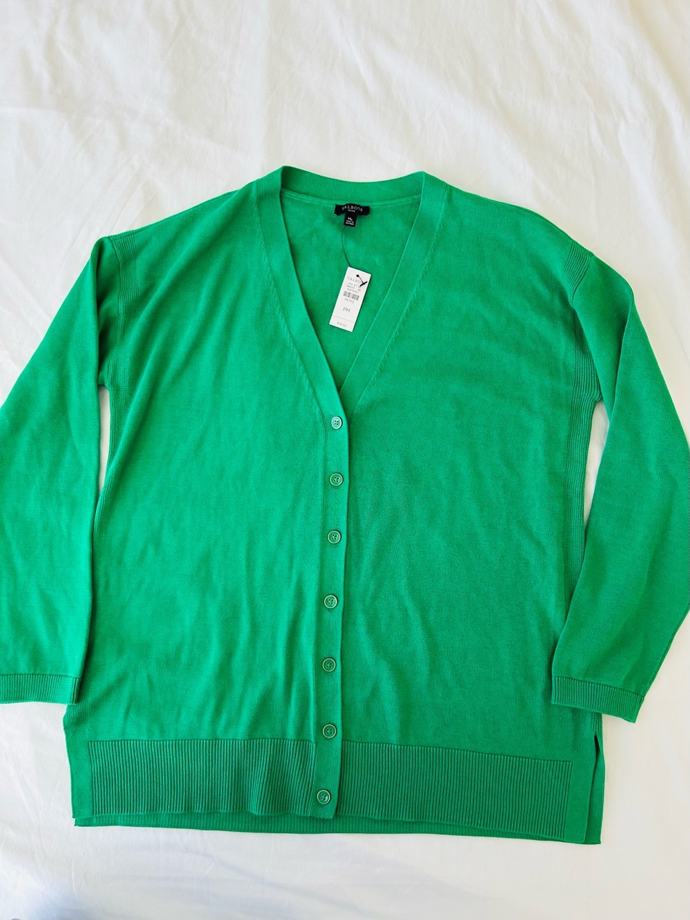 TALBOTS Green Cotton Blend V-Neck Cardigan Soft Ribbed Knit MP Capsule Elegant